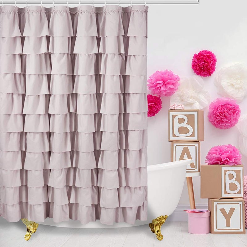WestWeir Ruffle Shower Curtain,84-inches Extra Long,Blush Pink Ruffled Bath Curtains for Bathroom,Fabric Farmhouse Decor,Soft Touch Decorative Cloth Texture,(72 inch Wide,1 Panel) - Image 5